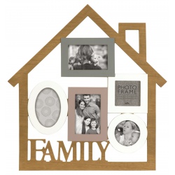 Fotorahmen aus Holz in Form eines Hauses für mehrere Fotos, mit der Aufschrift FAMILY