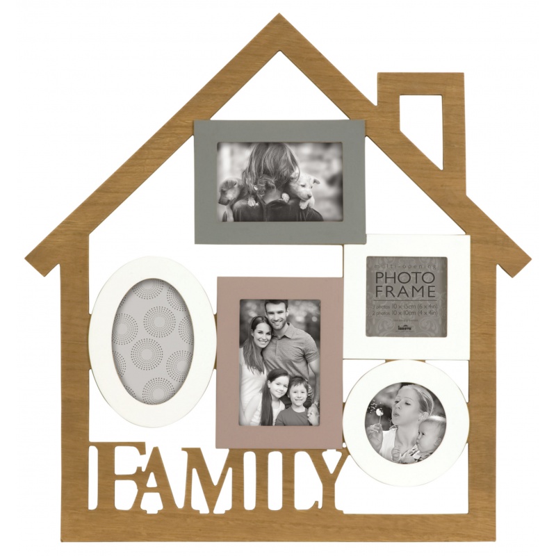 Fotorahmen aus Holz in Form eines Hauses für mehrere Fotos, mit der Aufschrift FAMILY