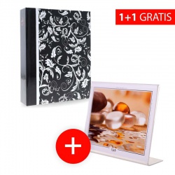 Verkauf 1+1: Fotoalbum 10x15/200 LEAVED schwarz + Acryl-Fotorahmen 13x9cm extra breit